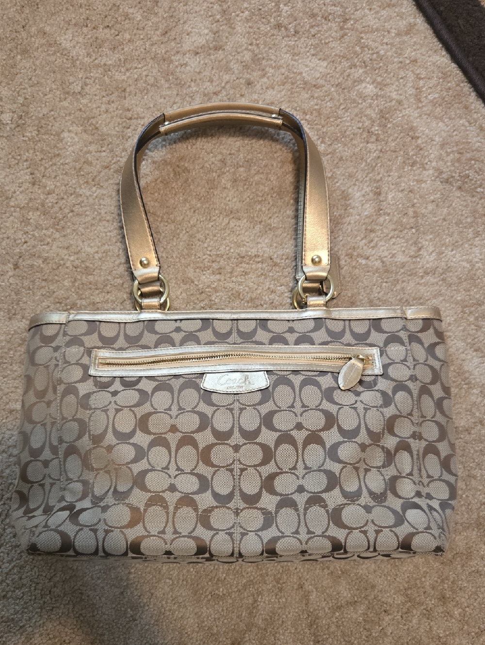 Coach Khaki & Gold Signature Canvas Tote